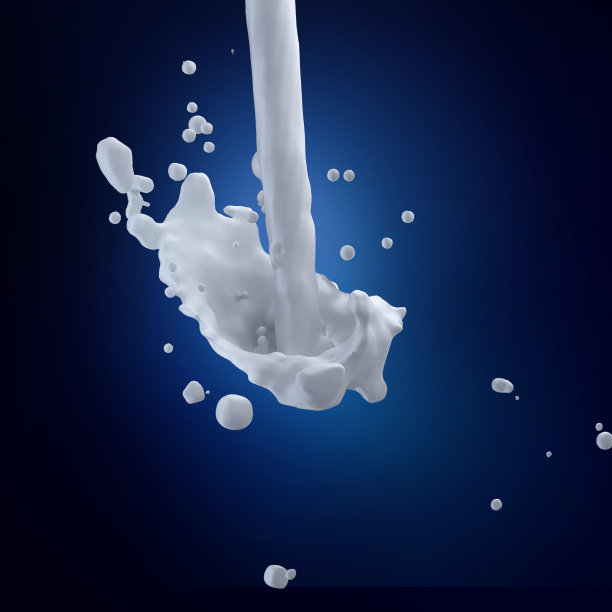 3 d渲染插图。牛奶飞溅，滴和斑点隔离在蓝色。图片下载
