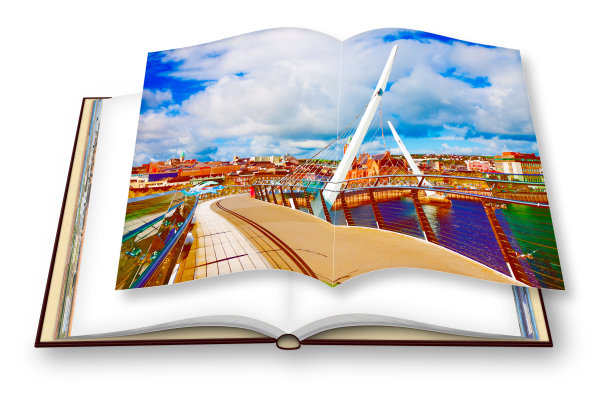 德里城市(也叫伦敦德里)与“和平之桥”(欧洲-北爱尔兰)的城市天际线-一个打开的照片册的3D渲染概念图像-我是在这个3D渲染-绘画图像艺术版本使用的图像的版权所有者图片下载