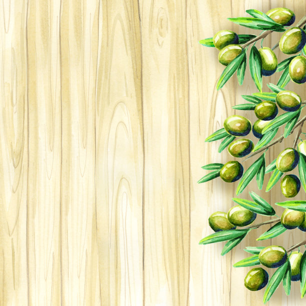 橄榄放在桌上，竖着模板。水彩图片下载