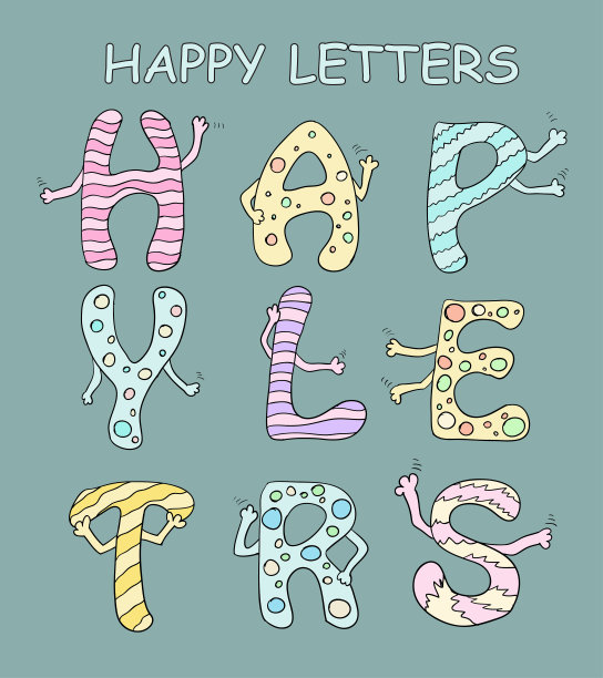 一套明亮的卡通字母与手在绿色背景。向量图片下载