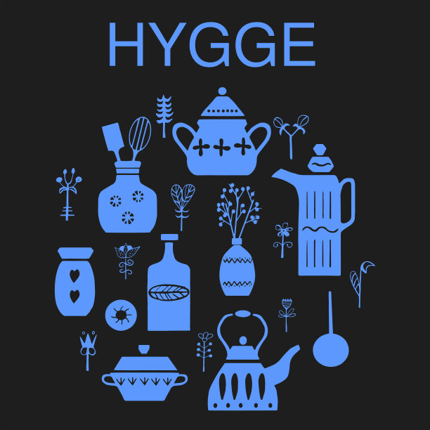 矢量手绘海报的风格'Hygge'。斯堪的纳维亚民间风格的厨具。为茶馆的菜单，包装。图片下载