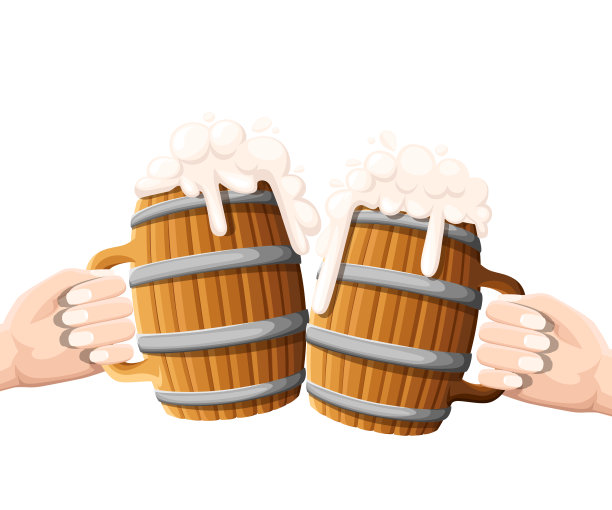 两只手捧着装着铁环的木杯里的啤酒。啤酒节的概念。矢量插图孤立在白色上。图片下载