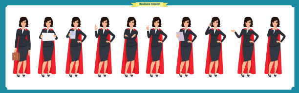 一套不同姿势的超级女商人角色设计。插图孤立向量在白色的平面卡通风格。穿着工作服的女性。业务图片下载