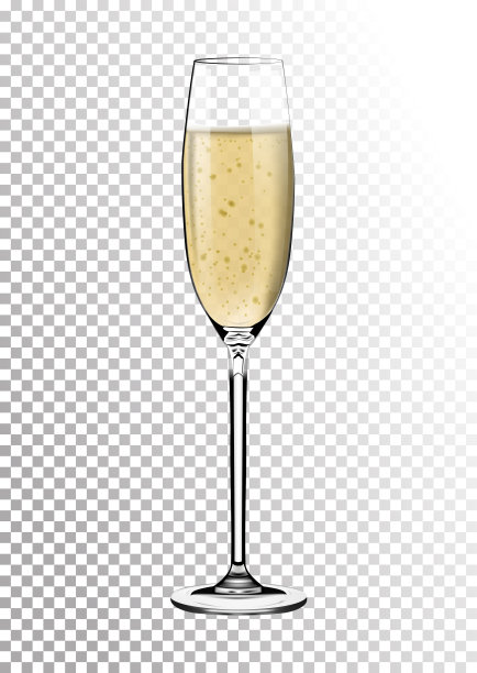 充满香槟的逼真透明玻璃。明亮的饱和亮晶晶的稻草色琥珀。矢量插图在逼真的风格。图片下载