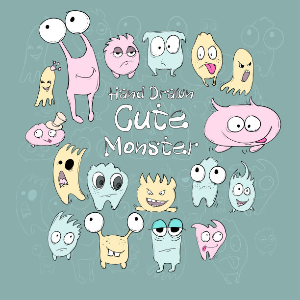 一套可爱的卡通怪物不同的颜色和情绪在一个绿色的背景。向量素材图片