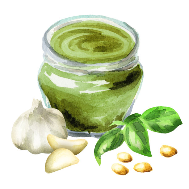 罗勒大蒜青酱水彩手绘插画图片下载