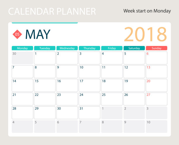 2018年5月，插图矢量日历或办公桌计划，周开始星期一图片下载