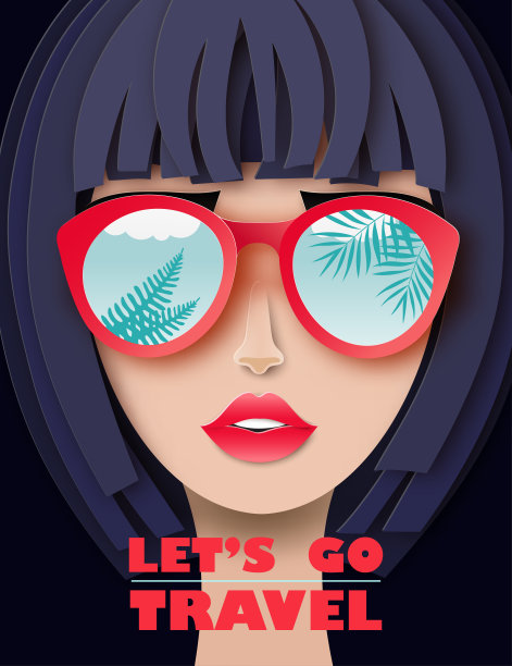 矢量肖像年轻美丽的女人与太阳眼镜与棕榈叶的反射。现代数字纸分层艺术。旅游度假概念图片下载