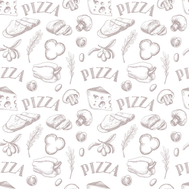 无缝模式的比萨配料，如马苏里拉奶酪，芝麻菜，火腿，奶酪，胡椒，以粉笔图形风格绘制。图片下载