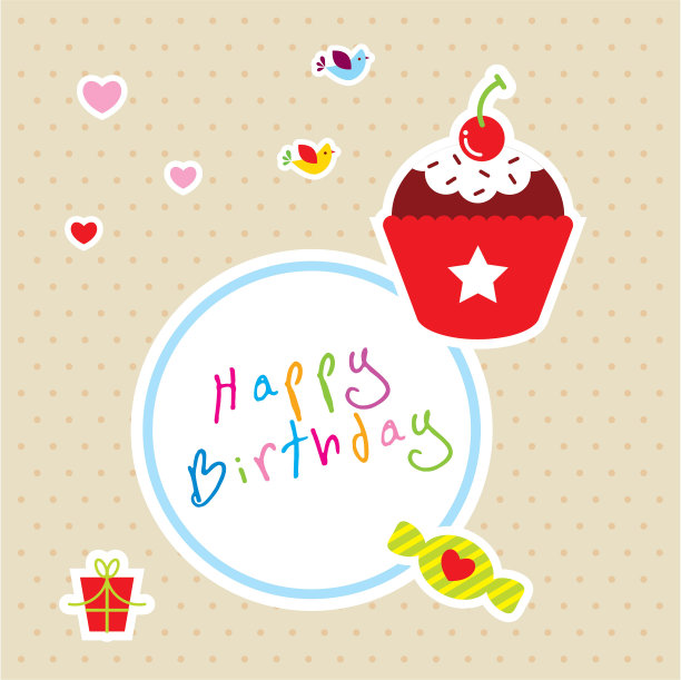 美味的纸杯蛋糕松饼快乐生日贺卡向量图片下载