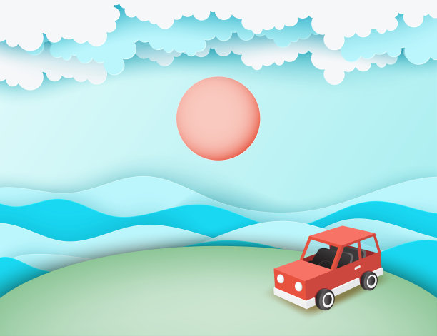 纸艺术背景，红色的停车场，绿色的草坪，海浪，蓬松的纸云和太阳。度假和旅行的概念。矢量图图片下载