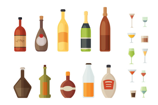 设置设计酒瓶和酒杯矢量插图图片下载