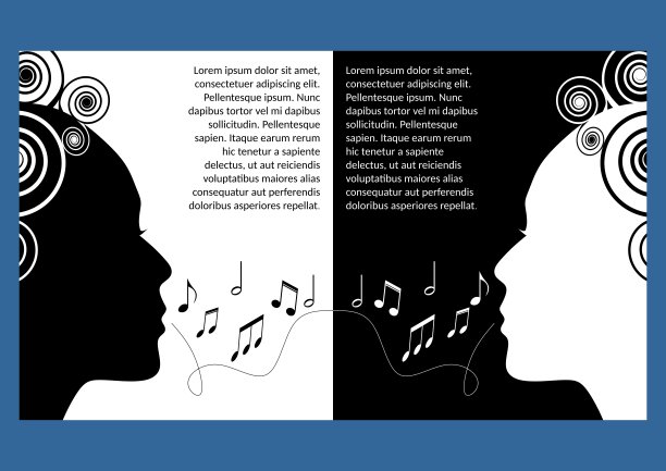 音乐节传单，传单。单色对称设计，黑白两色。女人的脸轮廓剪出来，音乐的音符。唱歌的女孩。音乐会计划模板图片下载