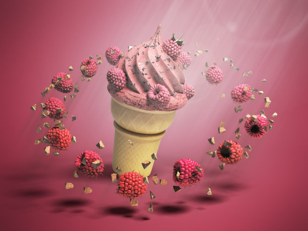 冰淇淋与覆盆子和巧克力屑在华夫饼杯3d渲染上的颜色图片下载