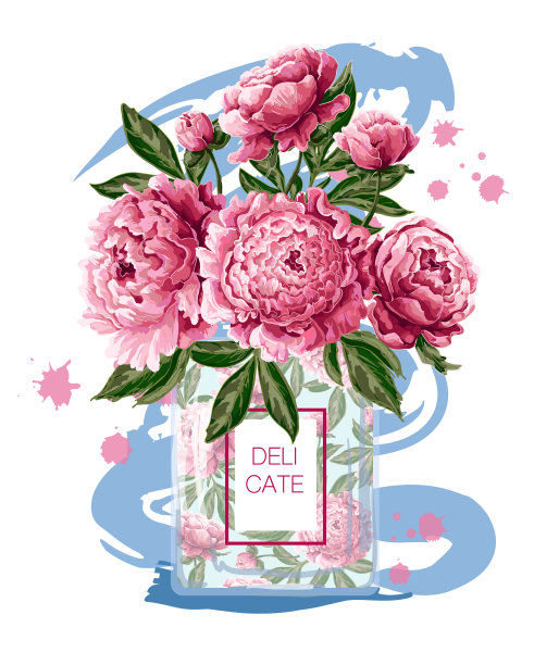 蓝色背景，粉红色牡丹的香水瓶。印花t恤或海报的时尚插图。图片下载