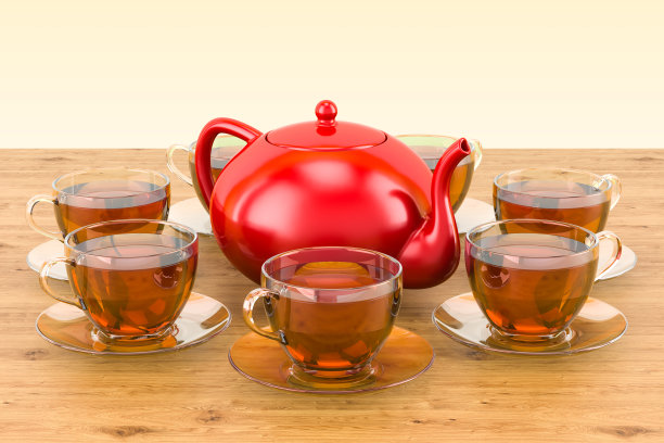 木桌上放着茶杯和茶壶。三维渲染图片下载