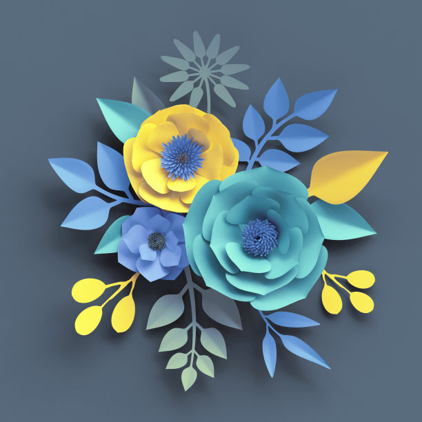 3d渲染，纸工艺花，植物墙纸，花束，蓝色黄色，春天夏天的自然，玫瑰，雏菊，大丽花，孤立在灰色背景图片下载