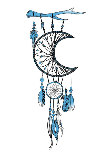 矢量插图与手绘捕梦网。羽毛和珠子。图片下载