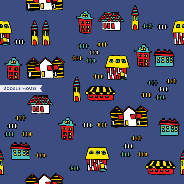 涂鸦艺术，村落无缝图案，彩色背景图片下载