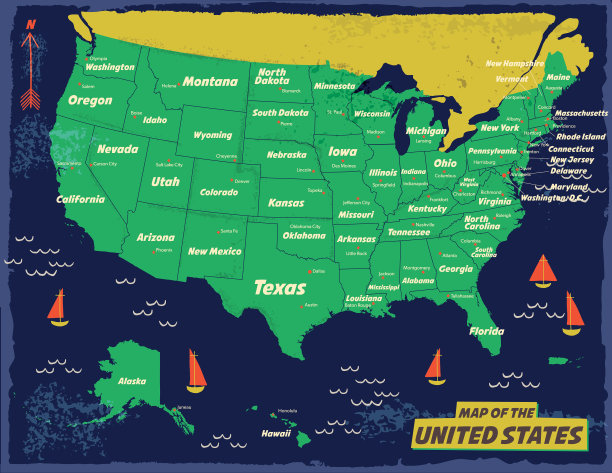加拿大中古世纪现代色彩的复古风格地图。州名和首府城市都有自己的一层。图片下载