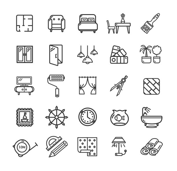 家庭装饰标志黑色细线图标设置。向量图片下载