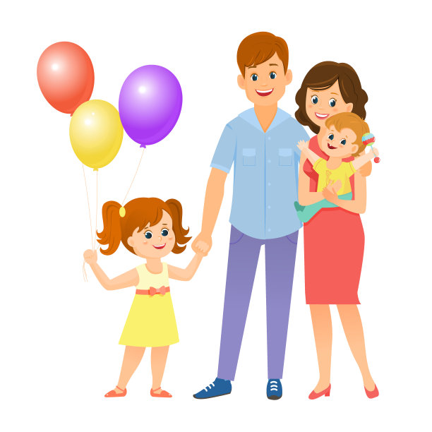 幸福的一家人，女孩拿着气球素材图片