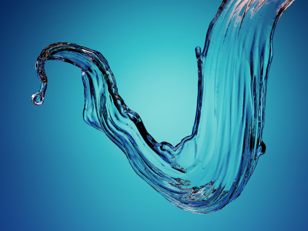 3d渲染，清晰的飞溅，水波，弯曲射流，波浪液体，高亮反射，数字插图，曲线线，蓝色背景图片下载