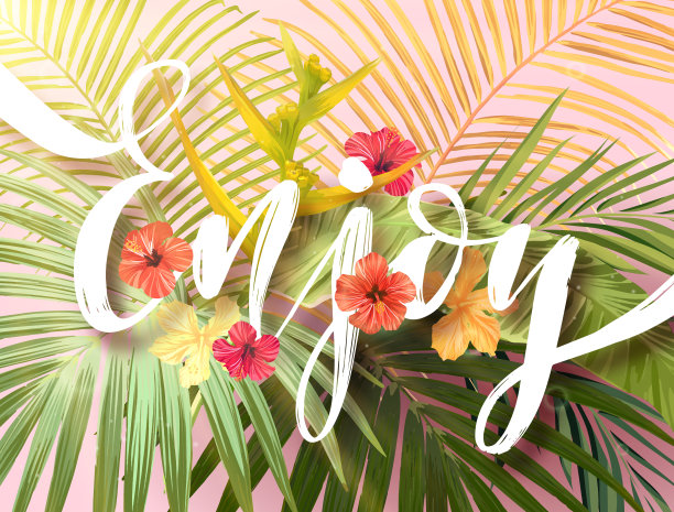 夏季热带设计以异国情调的棕榈叶、木槿、鹤桐花和白色综合手绘题字。带有日落光线的矢量插图素材图片