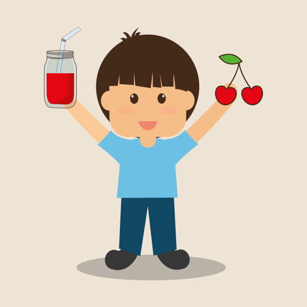快乐的男孩拿着樱桃和果汁图片下载