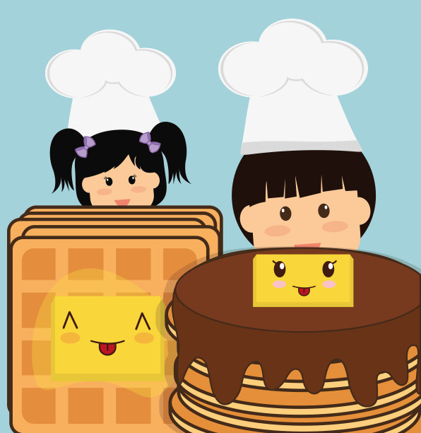 厨师男孩和女孩煎饼面包黄油图片下载