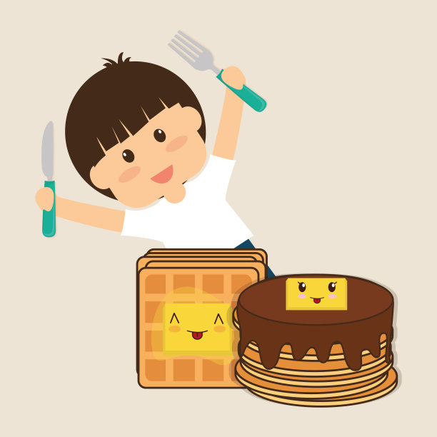 快乐的小男孩拿着刀叉吃早餐图片下载