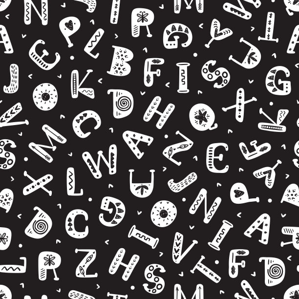 字母矢量无缝模式在斯堪的纳维亚风格。拉丁字母的背景。儿童手绘涂鸦字母。Abc矢量插图。黑色和白色图片下载
