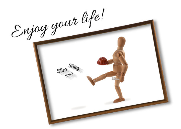木制人体模型励志文字-享受你的生活!踢苗条的目标和吃蛋糕图片下载