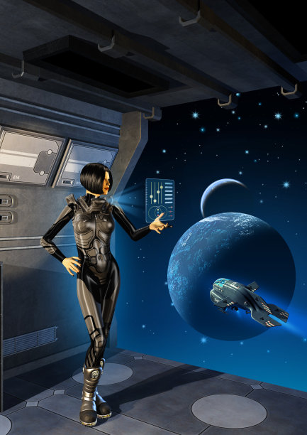 女飞行员通过宇宙飞船内部的全息界面进行交流，飞船在行星系统附近飞行，3d渲染图片下载