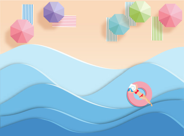 顶视图海滩与女孩和雨伞。鸟瞰图的夏季海滩在纸艺术风格。剪纸和糖果颜色风格。素材图片