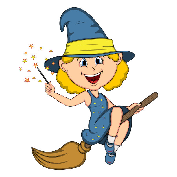 有趣的女巫，女孩与万圣节服装和飞天扫帚卡通图片下载