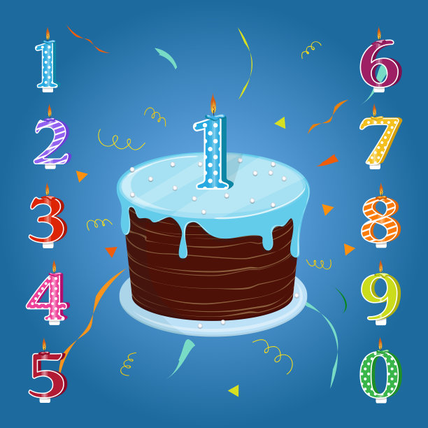 一套生日派对用的。生日蛋糕上插着蜡烛，上面写着每年的数字。矢量图图片下载