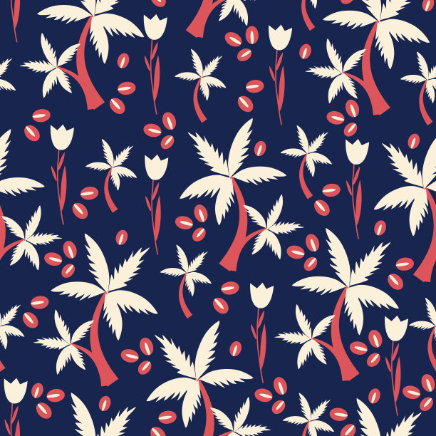 无缝花卉图案卡通矢量热带插图郁金香花，咖啡种子，棕榈树孤立在蓝色背景，装饰纹理设计贺卡，化妆品，背景图片下载
