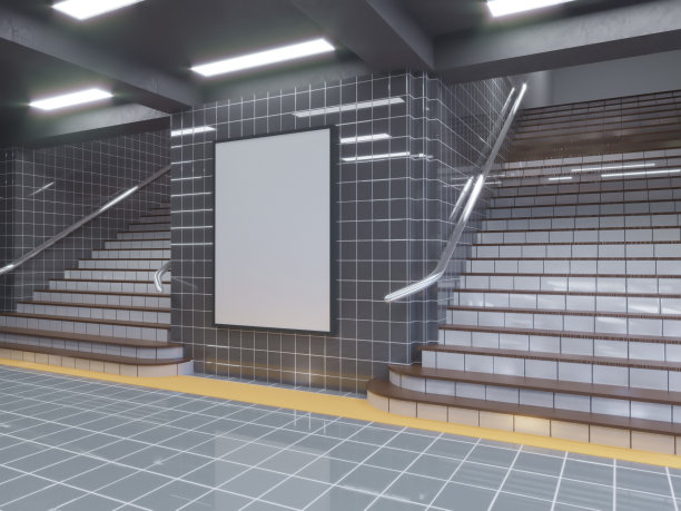 大型海报在地铁车站三维插画空间，车站，地铁，模板，三，地下，上，墙，白色图片下载