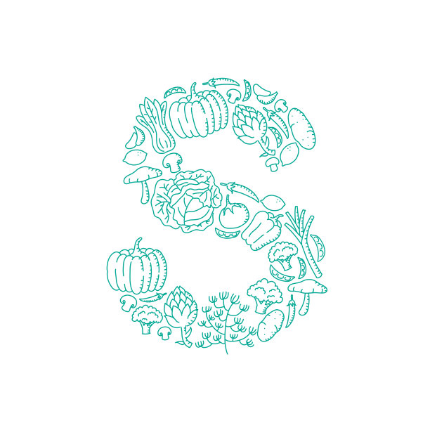 字母蔬菜图案集字母S插图儿童手绘概念设计绿色，孤立在白色背景，向量eps 10图片下载