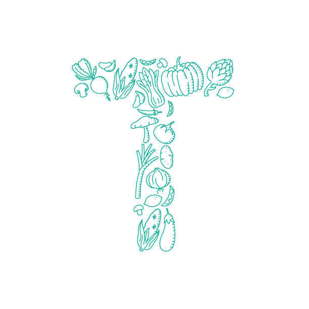 字母蔬菜图案集字母T插图儿童手绘概念设计绿色，孤立在白色背景，向量eps 10图片下载