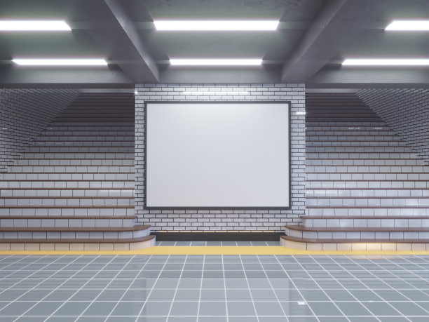 大型海报在地铁车站三维插画空间，车站，地铁，模板，三，地下，上，墙，白色图片下载