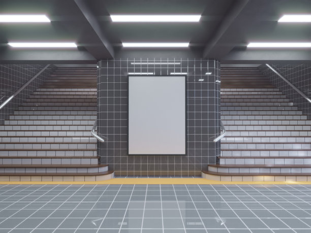 大型海报在地铁车站三维插画空间，车站，地铁，模板，三，地下，上，墙，白色图片下载