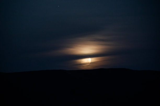 丰富多彩的夜晚景观与湖泊，山脉，满月，蓝天Khojasan湖，巴库，阿塞拜疆。全景照片。图片下载