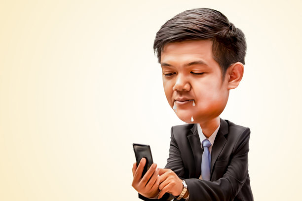 欲望男人拿着智能手机看屏幕，商人微笑着触摸智能手机，数码画图片或3D画从图片图片下载