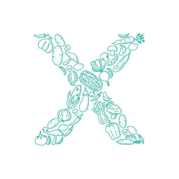 字母蔬菜图案设置字母X插图儿童手绘概念设计绿色，孤立在白色背景，矢量eps 10图片下载