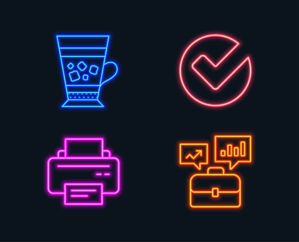 验证，冰沙和打印机图标。业务组合的迹象。选择，冷饮，打印装置。图片下载