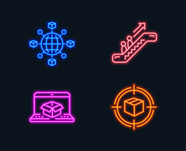 物流网络，在线配送和自动扶梯图标。包裹跟踪信号。图片下载