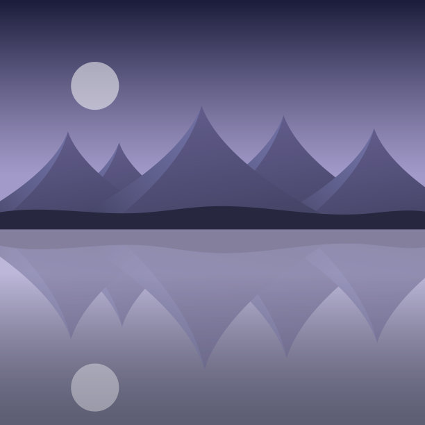 抽象的山景在海边与水和月亮的倒影在紫色的天空矢量，与空间为您的文字图片下载