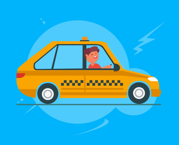 黄色出租车和出租车司机。矢量彩色插图在一个平面风格的图像。城市出租车设计是扁平的。图片下载